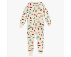 Cream two piece pajamas with colorful dog all over prints in jersey, child