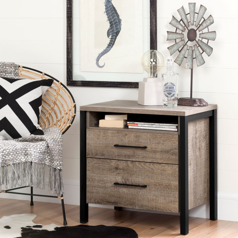 Bedside table with 2 drawers - Munich Aged Oak and Matte Black