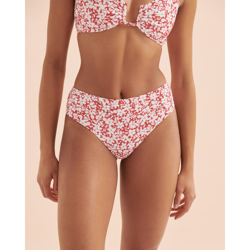 TROPIK Bas de bikini brésilien taille haute fleurs rouges