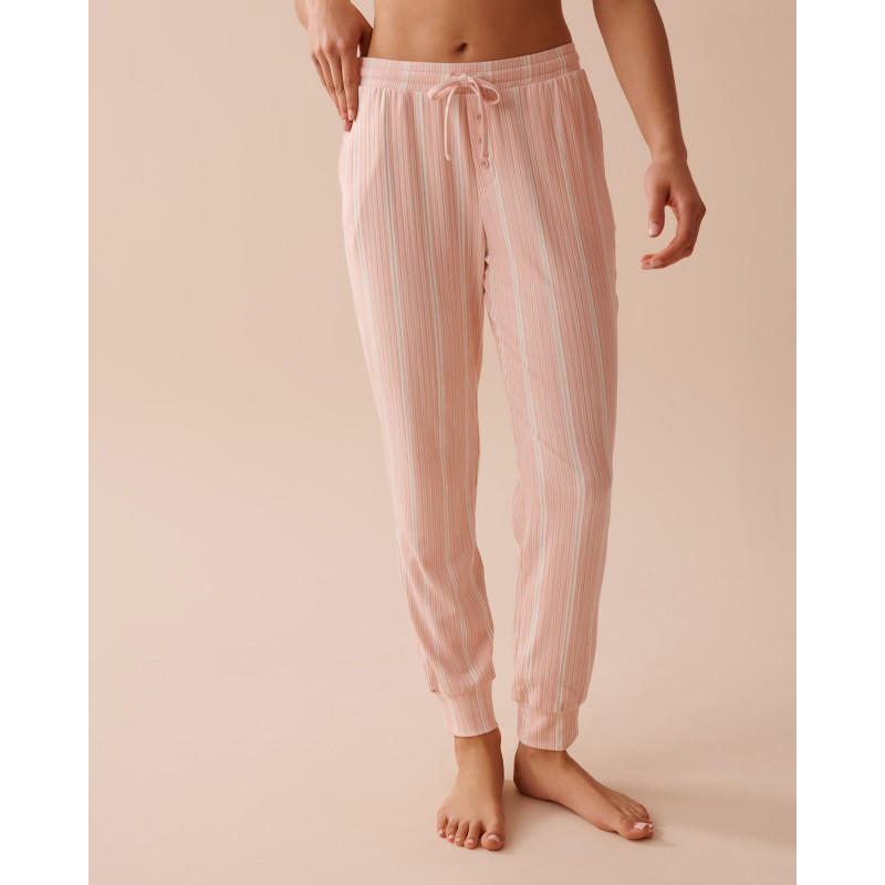 Pantalon de pyjama jogger en jersey côtelé rayures roses