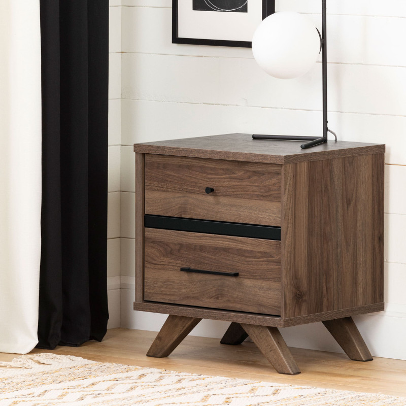 Bedside Table with 2 Drawers - Flam Natural Walnut and Matte Black