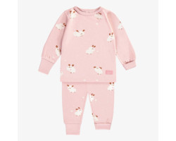 Light pink two piece pajamas with a white dog all over prints in jersey, baby