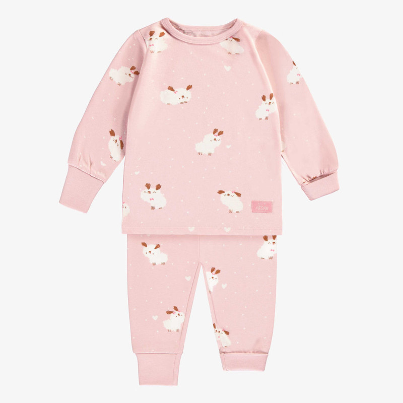 Light pink two piece pajamas with a white dog all over prints in jersey, baby