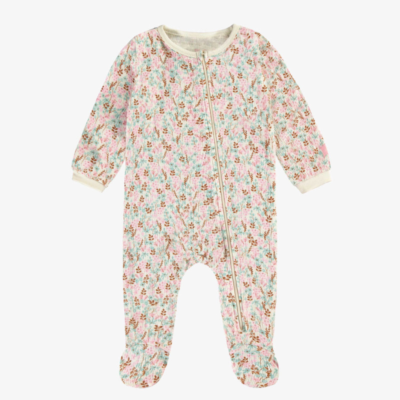 Cream floral one piece pajamas in soft crinkled cotton jersey, baby