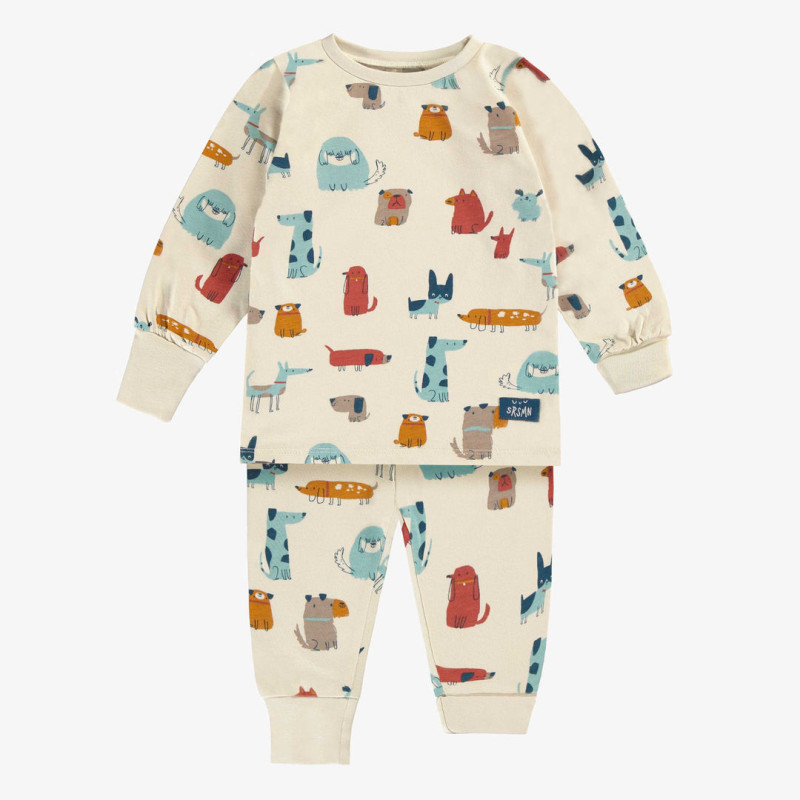 Cream two piece pajamas with colorful dog all over prints in jersey, baby