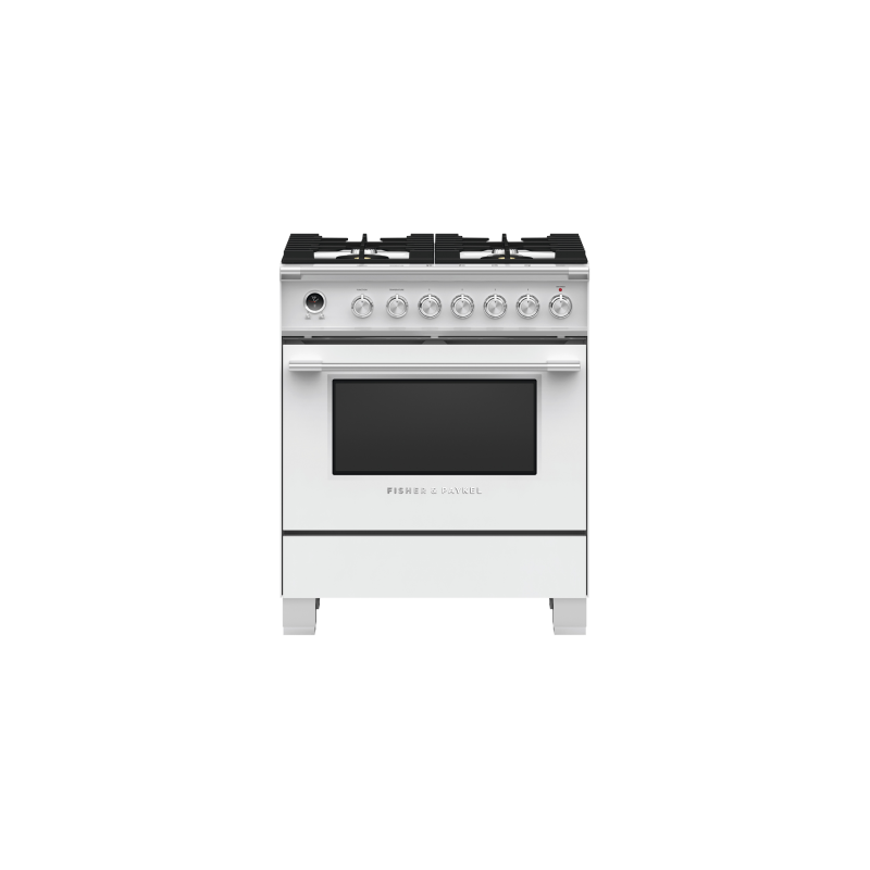 30” Gas Range. Fisher & Paykel 3.5 cu. ft. with 4 burners in White OR30SCG6W1