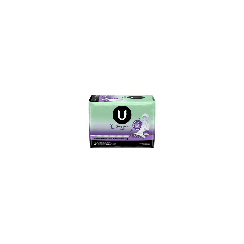 U BY KOTEX Clean & Secure serviettes maxi de nuit avec ailes, flux très élevé, 24 unités