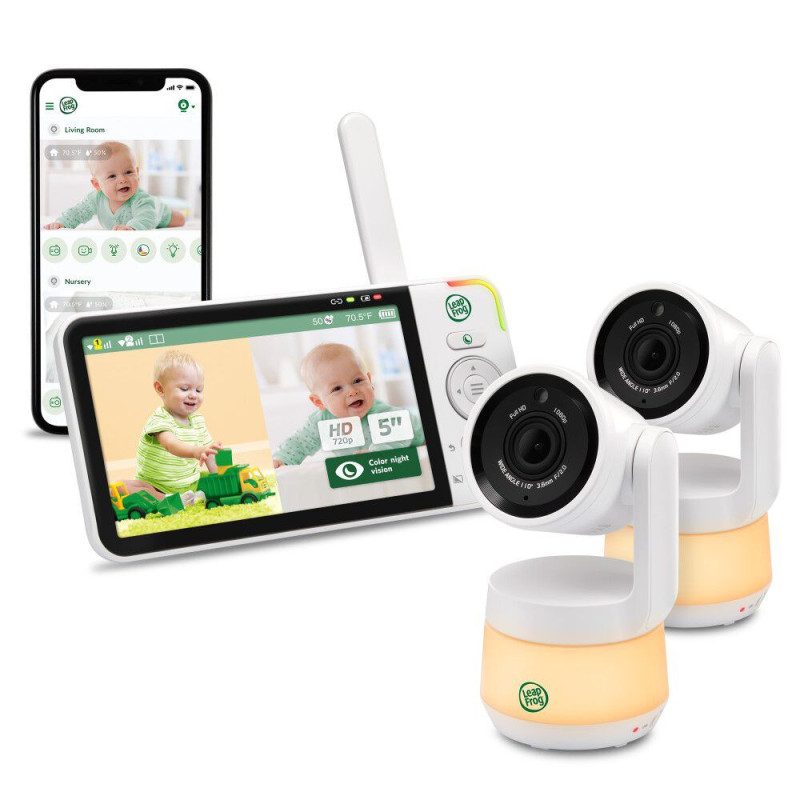 LeapFrog Moniteur de bébé Wi-Fi 1080p panoramique à 360 degrés et inclinaison à 2 camér affichage haute définition 720p de 5 po