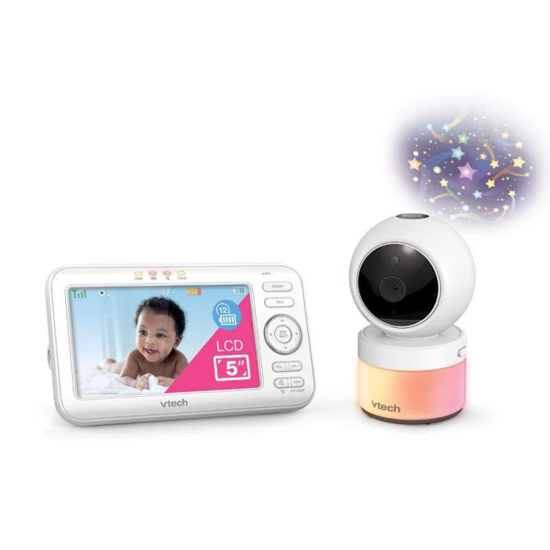 VTech VM5463 Moniteur vidéo numérique pour bébé de 5 po avec caméra panoramique et inclinable, lumière incandescente au plafond