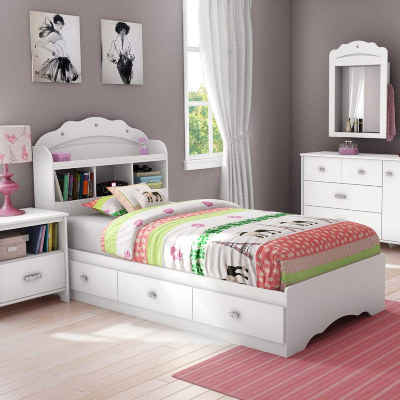 Tiara Mates Bed Set with Bookcase Headboard - Solid White