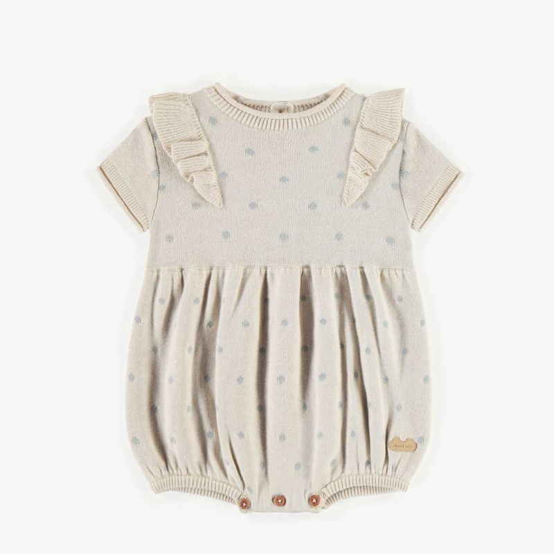 Cream patterned onesie dress with blue polka dots, newborn