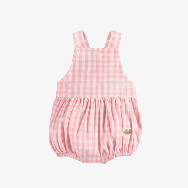 Pink and white plaid one-piece with large straps in seersucker, newborn