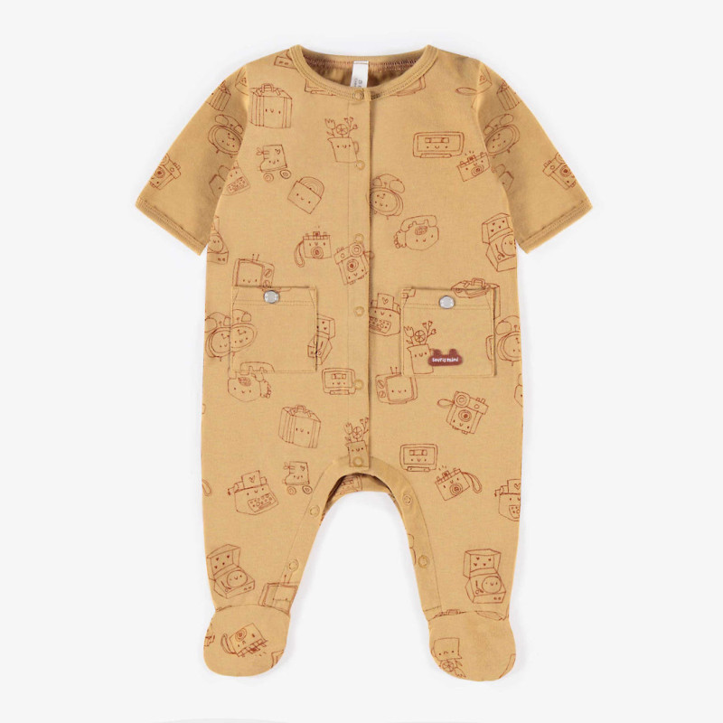 Yellow short-sleeved pyjamas in stretch organic cotton, newborn