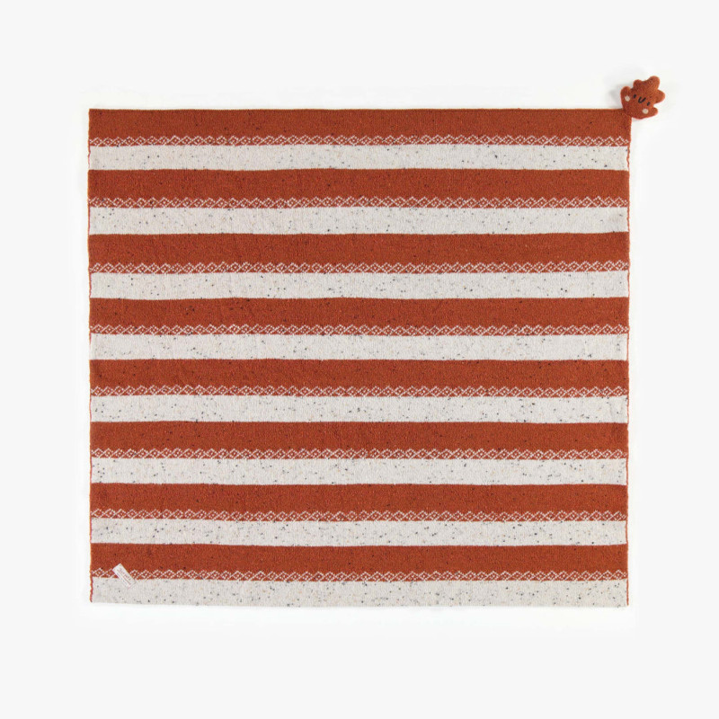 Brown striped knitted blanket with small plush, newborn