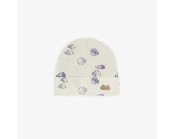 Cream hat with blue and purple fish print in organic cotton, newborn