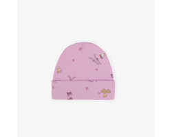 Lavender hat with a skiing theme in organic cotton, newborn