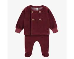 Red two-piece pajama with integrated feet in velvet, newborn