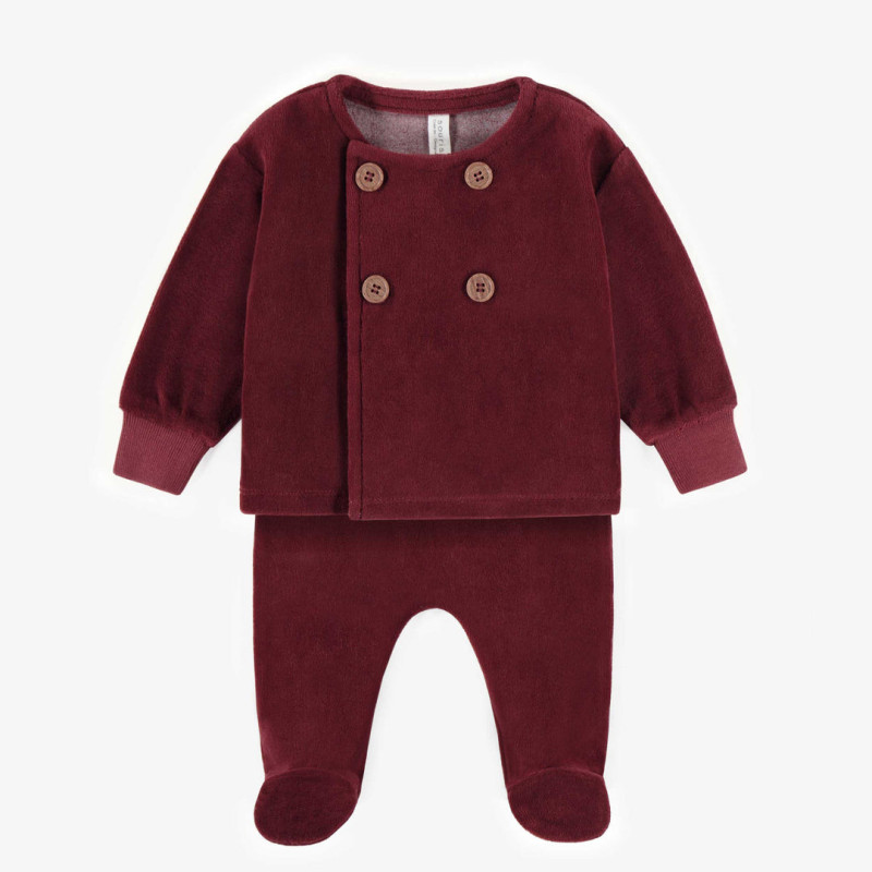 Red two-piece pajama with integrated feet in velvet, newborn