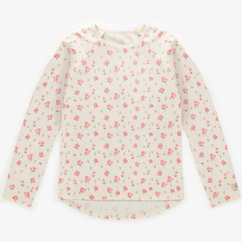 Cream pajama top with a pink floral print in crinkle jersey, adult