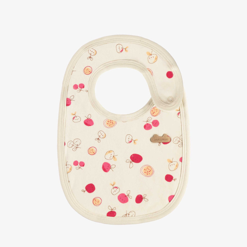 Cream bib with cherries print in organic cotton, newborn