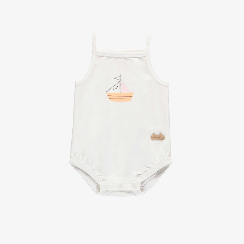 White thin straps bodysuit with sailboat illustration in jersey, newborn