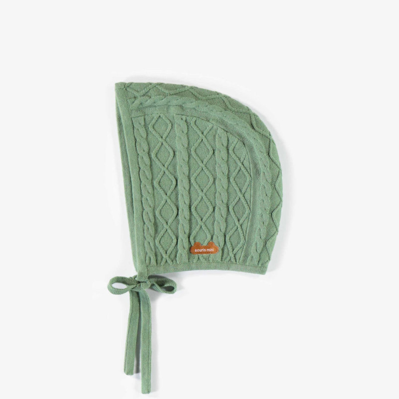 green knitted hat with cords, newborn