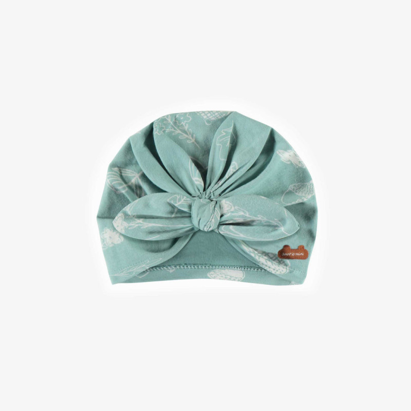 Light turquoise hazelnut patterns hat with a buckle in soft jersey, baby