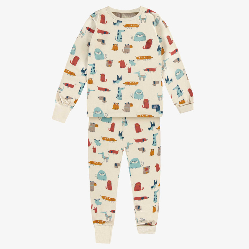 Cream two piece pajamas with colorful dog all over prints in jersey, child